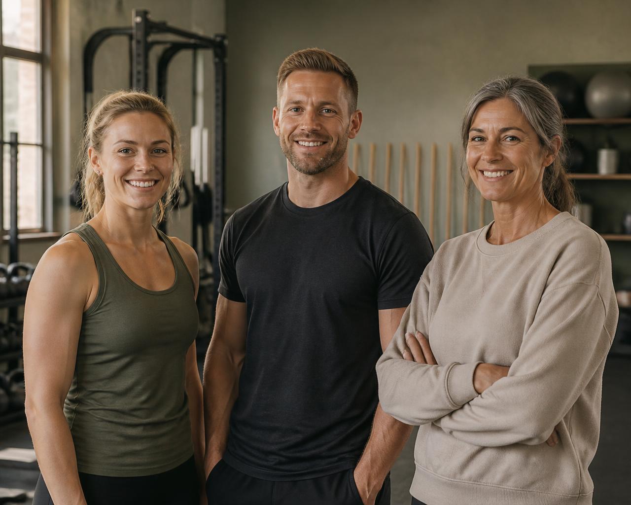 Tre coacher i ett ljust gym